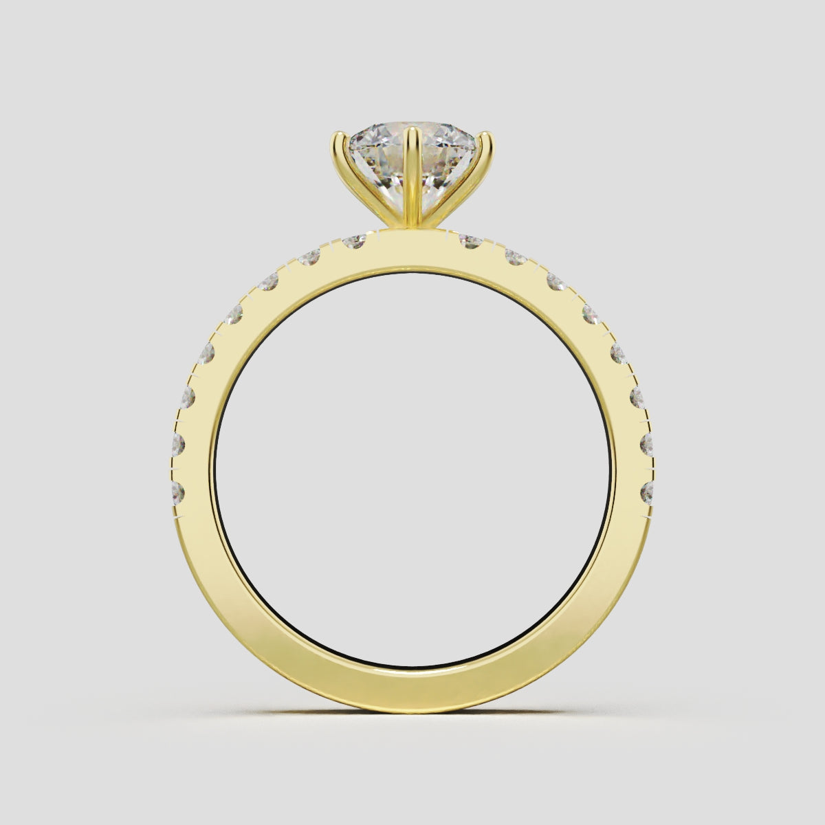 Rugiada, 1ct round lab grown diamond engagement ring, 1.8mm Pave, 6 Prongs, 18K yellow gold - through finger