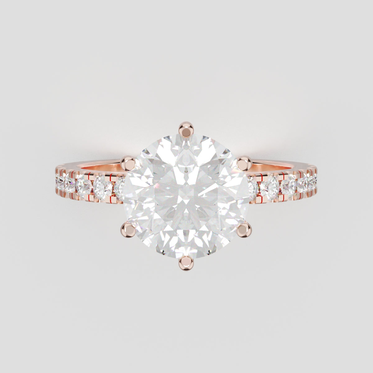 Rugiada, 2ct round lab grown diamond engagement ring, 1.8mm Pave, 6 Prongs, 18K rose gold - front view