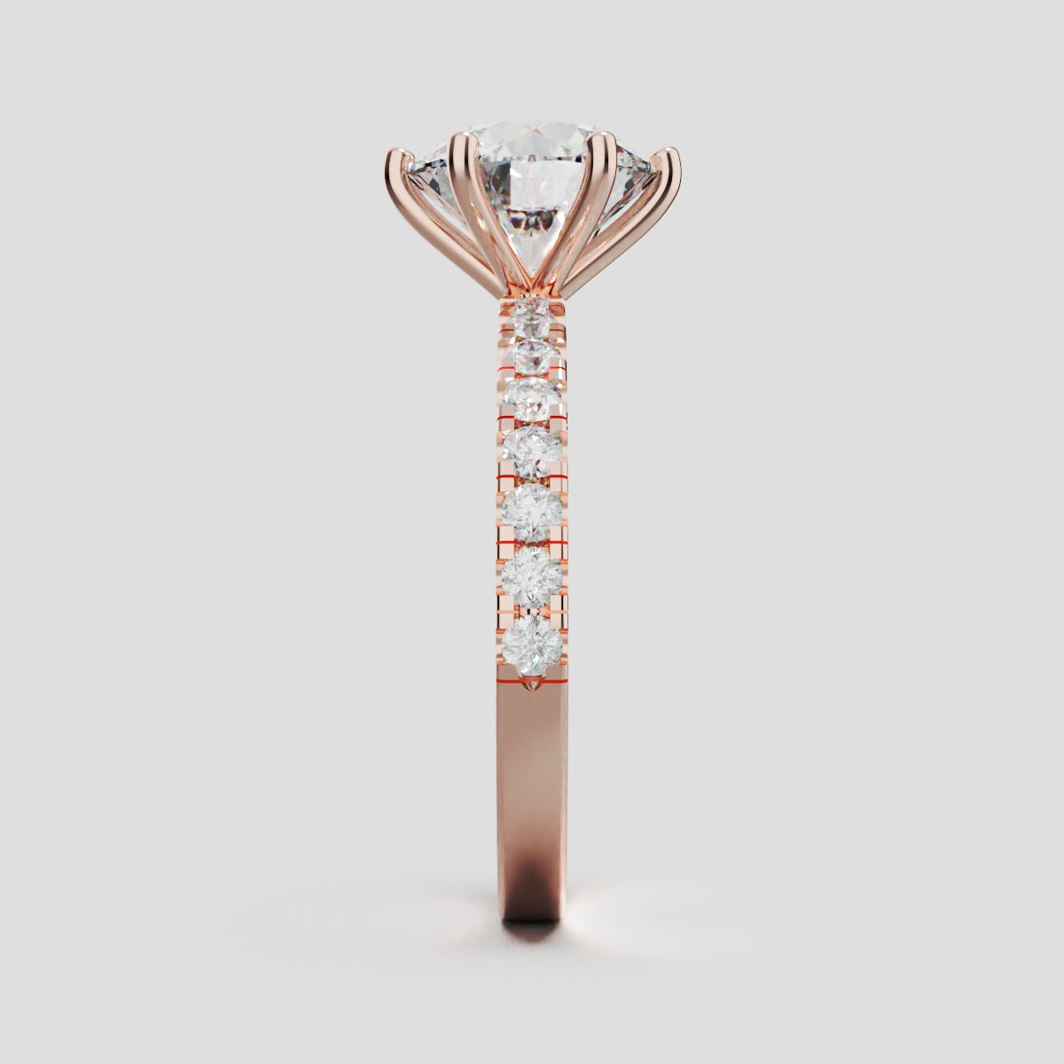 Rugiada, 2ct round lab grown diamond engagement ring, 1.8mm Pave, 6 Prongs, 18K rose gold - side view