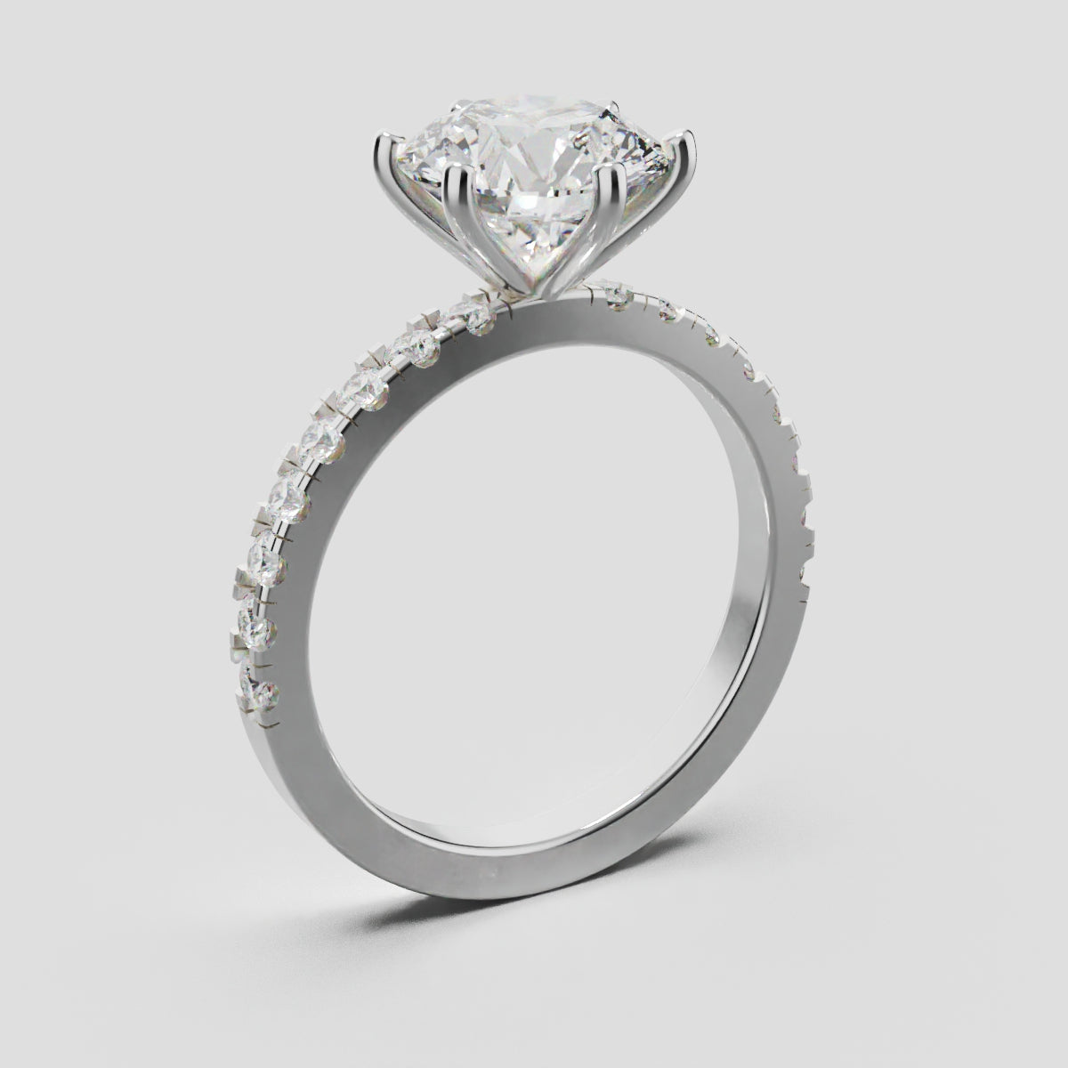 Rugiada, 2ct round lab grown diamond engagement ring, 1.8mm Pave, 6 Prongs, 18K white gold - ne