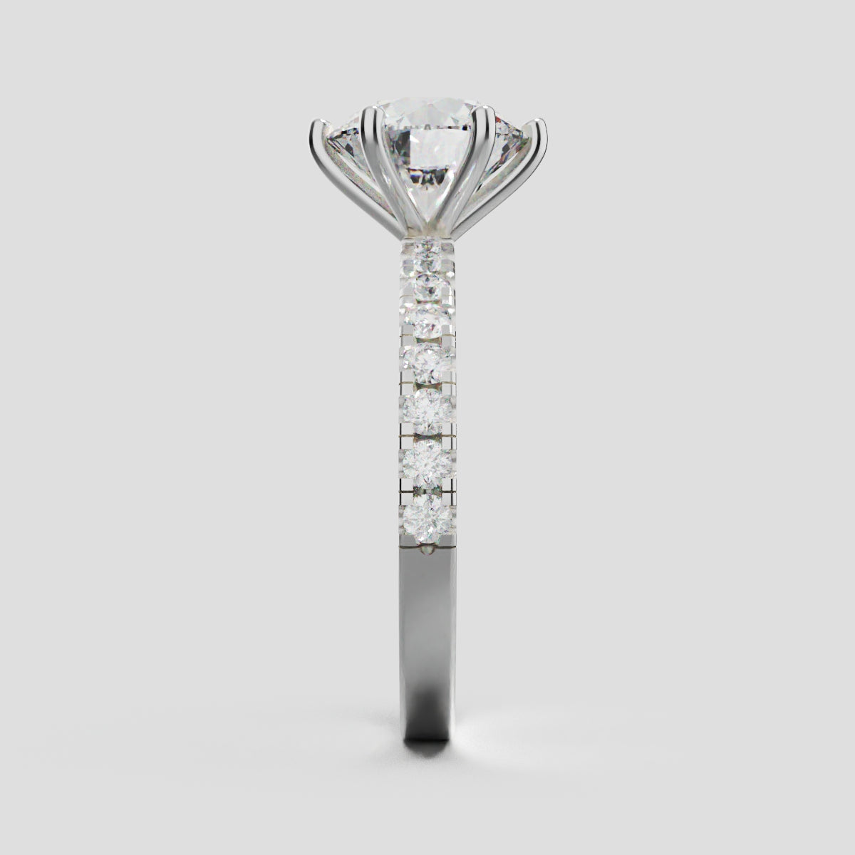 Rugiada, 2ct round lab grown diamond engagement ring, 1.8mm Pave, 6 Prongs, 18K white gold - side view