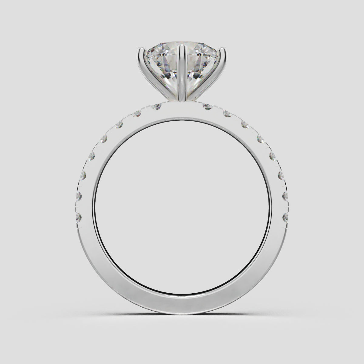 Rugiada, 2ct round lab grown diamond engagement ring, 1.8mm Pave, 6 Prongs, 18K white gold - through finger