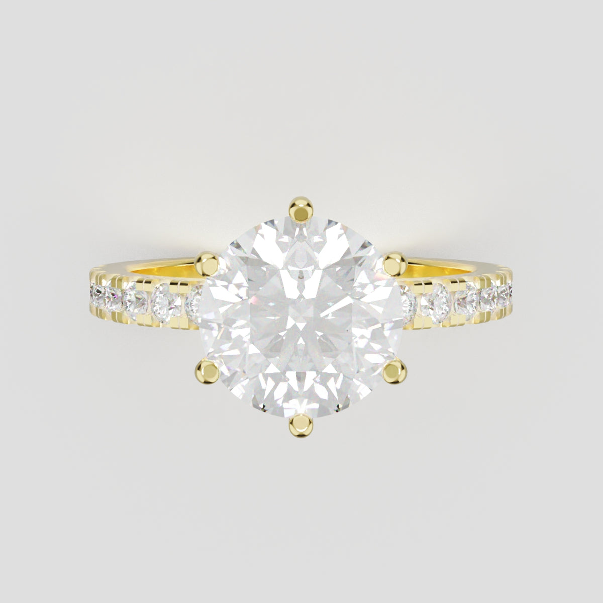 Rugiada, 2ct round lab grown diamond engagement ring, 1.8mm Pave, 6 Prongs, 18K yellow gold - front view