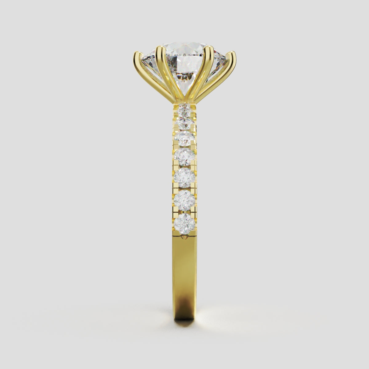 Rugiada, 2ct round lab grown diamond engagement ring, 1.8mm Pave, 6 Prongs, 18K yellow gold - side view