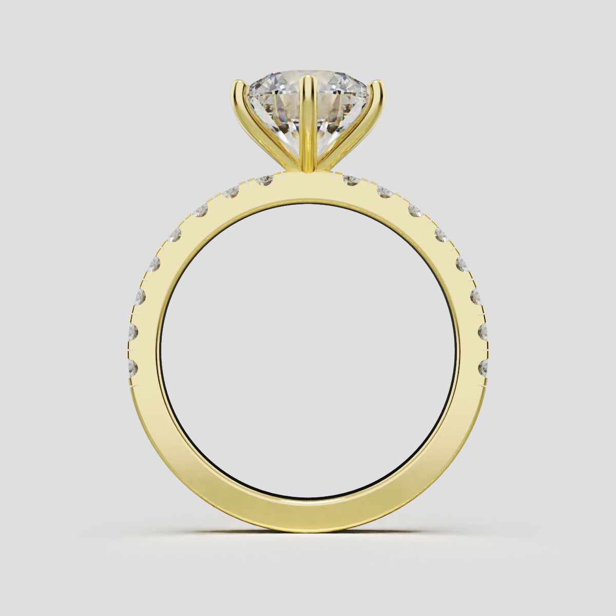 Rugiada, 2ct round lab grown diamond engagement ring, 1.8mm Pave, 6 Prongs, 18K yellow gold - through finger