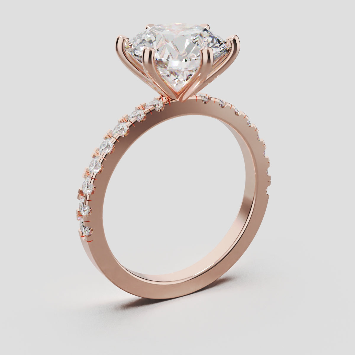 Rugiada, 3ct round lab grown diamond engagement ring, 1.8mm Pave, 6 Prongs, 18K rose gold - ne
