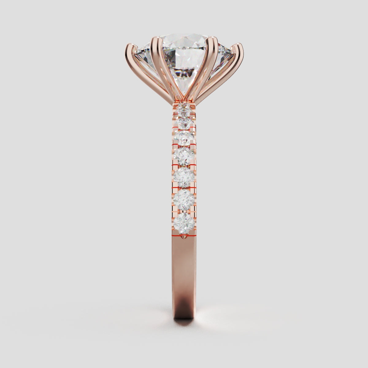 Rugiada, 3ct round lab grown diamond engagement ring, 1.8mm Pave, 6 Prongs, 18K rose gold - side view