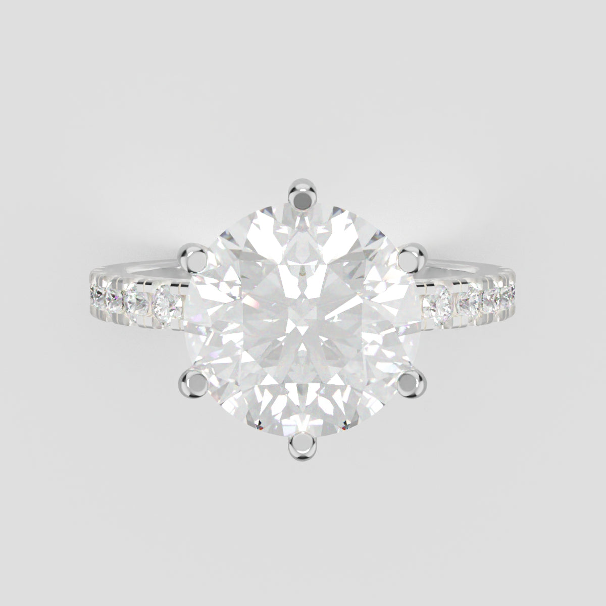 Rugiada, 3ct round lab grown diamond engagement ring, 1.8mm Pave, 6 Prongs, 18K white gold - front view