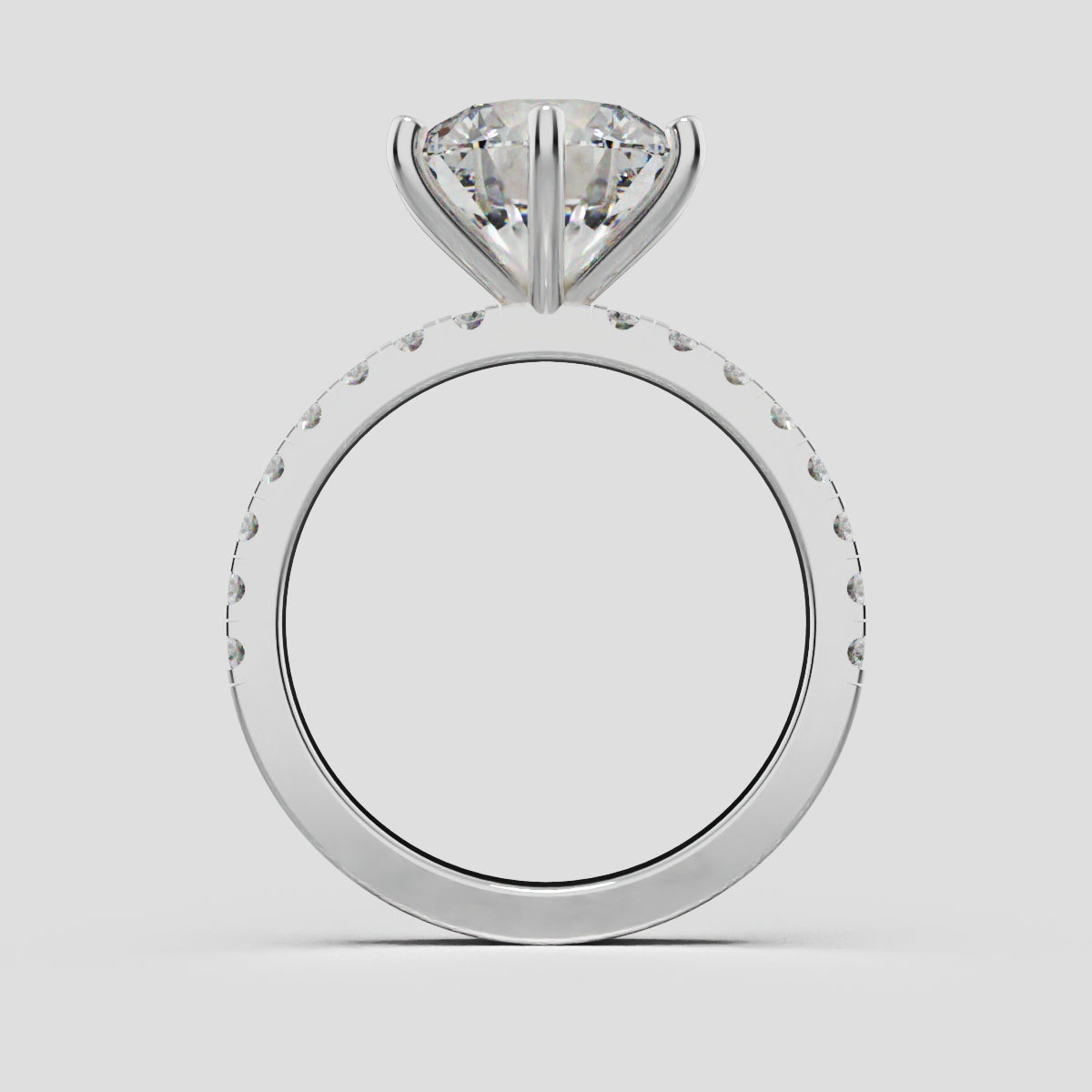 Rugiada, 3ct round lab grown diamond engagement ring, 1.8mm Pave, 6 Prongs, 18K white gold - through finger