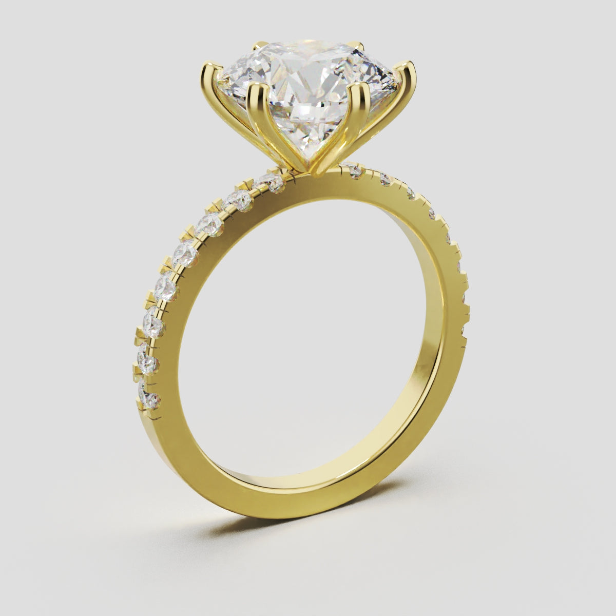Rugiada, 3ct round lab grown diamond engagement ring, 1.8mm Pave, 6 Prongs, 18K yellow gold - ne
