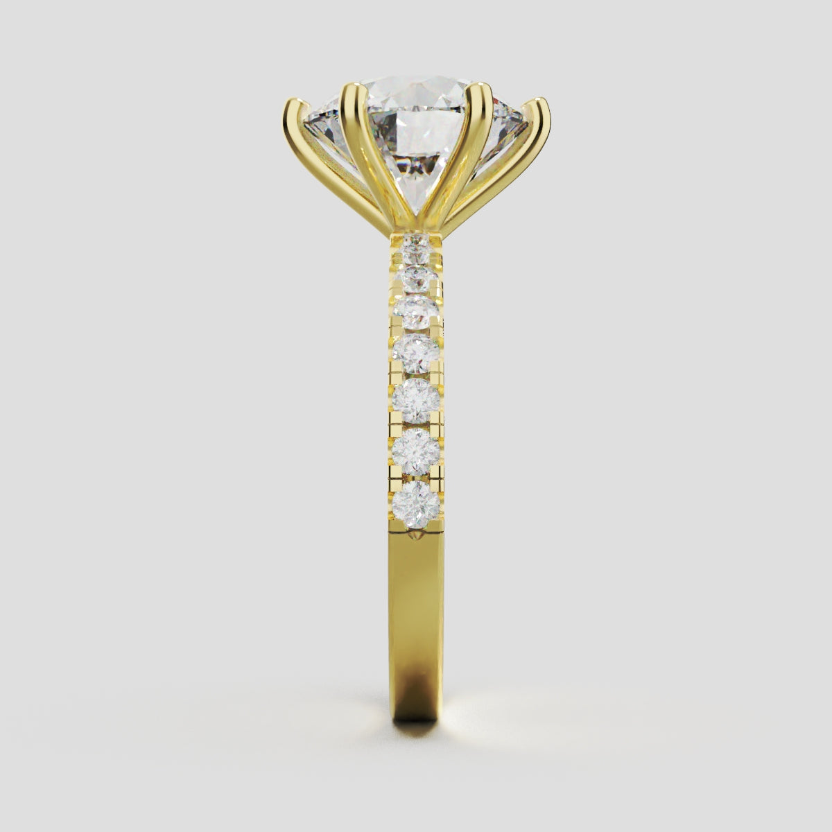 Rugiada, 3ct round lab grown diamond engagement ring, 1.8mm Pave, 6 Prongs, 18K yellow gold - side view