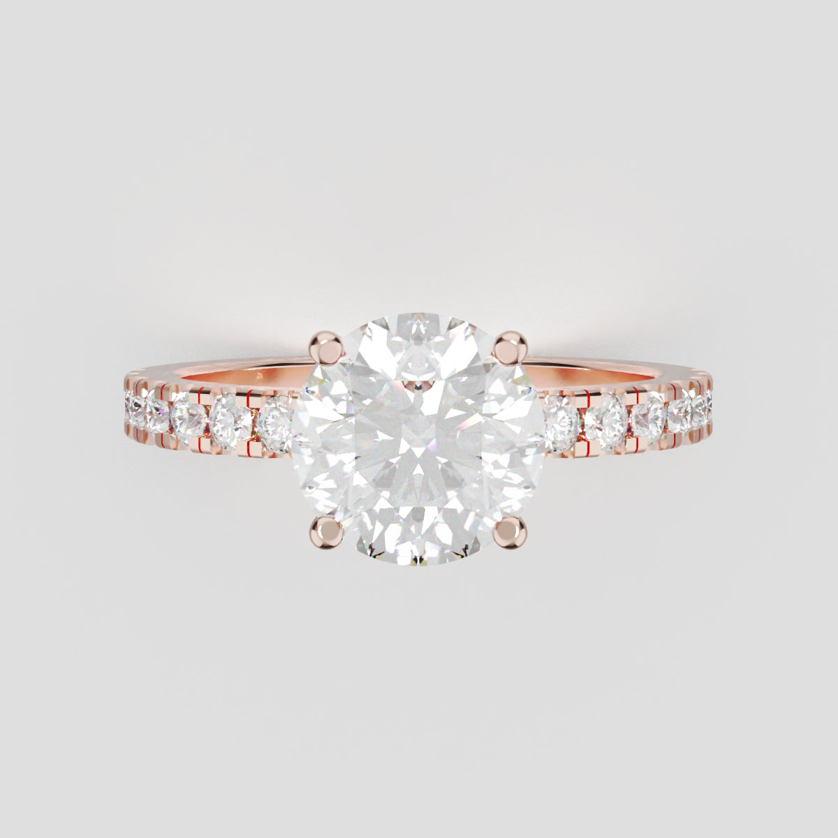Brina, 1.5ct round lab grown diamond engagement ring, 1.8mm Pave, Hidden Halo, 4 Prongs, 18K rose gold - front view