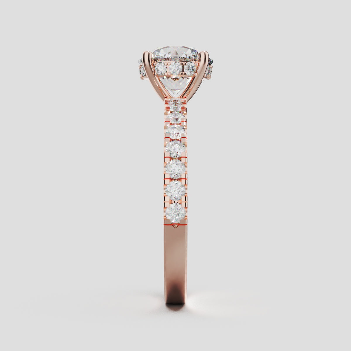Brina, 1.5ct round lab grown diamond engagement ring, 1.8mm Pave, Hidden Halo, 4 Prongs, 18K rose gold - side view