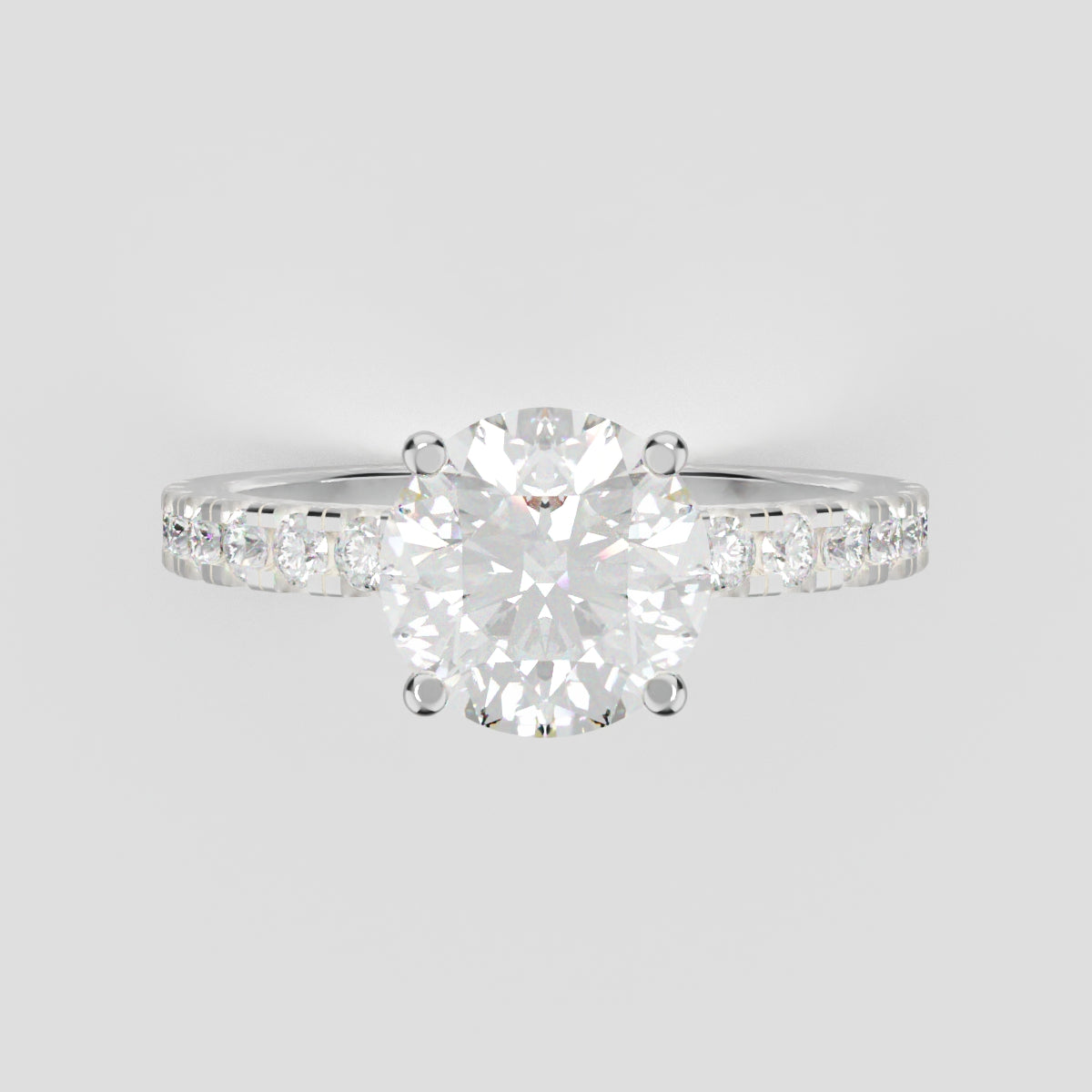 Brina, 1.5ct round lab grown diamond engagement ring, 1.8mm Pave, Hidden Halo, 4 Prongs, 18K white gold - front view