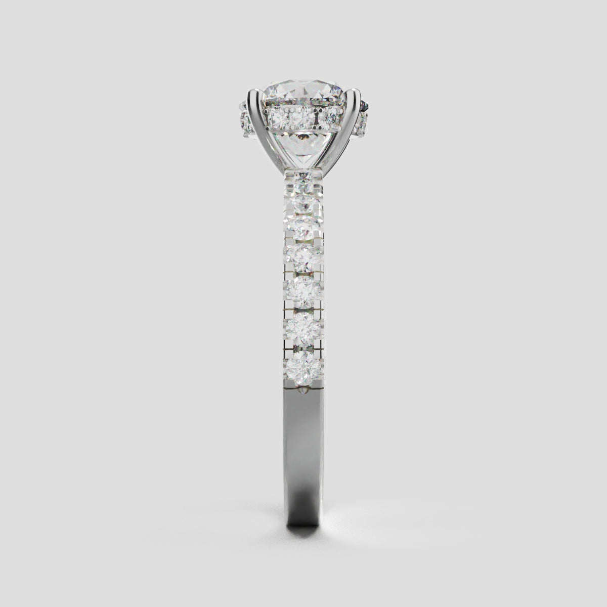 Brina, 1.5ct round lab grown diamond engagement ring, 1.8mm Pave, Hidden Halo, 4 Prongs, 18K white gold - side view