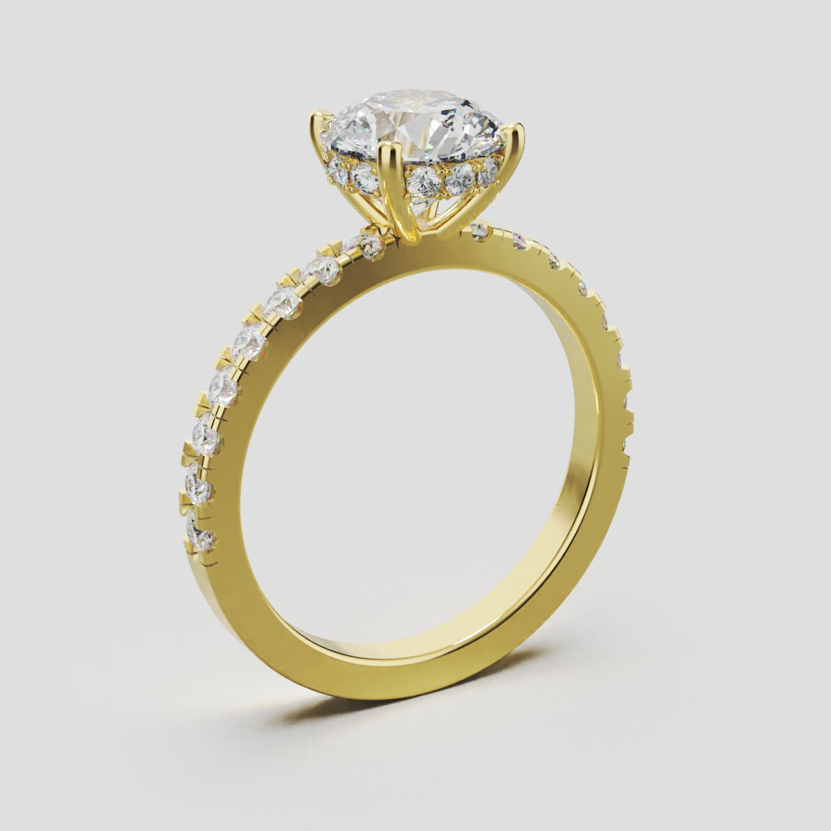 Brina, 1.5ct round lab grown diamond engagement ring, 1.8mm Pave, Hidden Halo, 4 Prongs, 18K yellow gold - ne