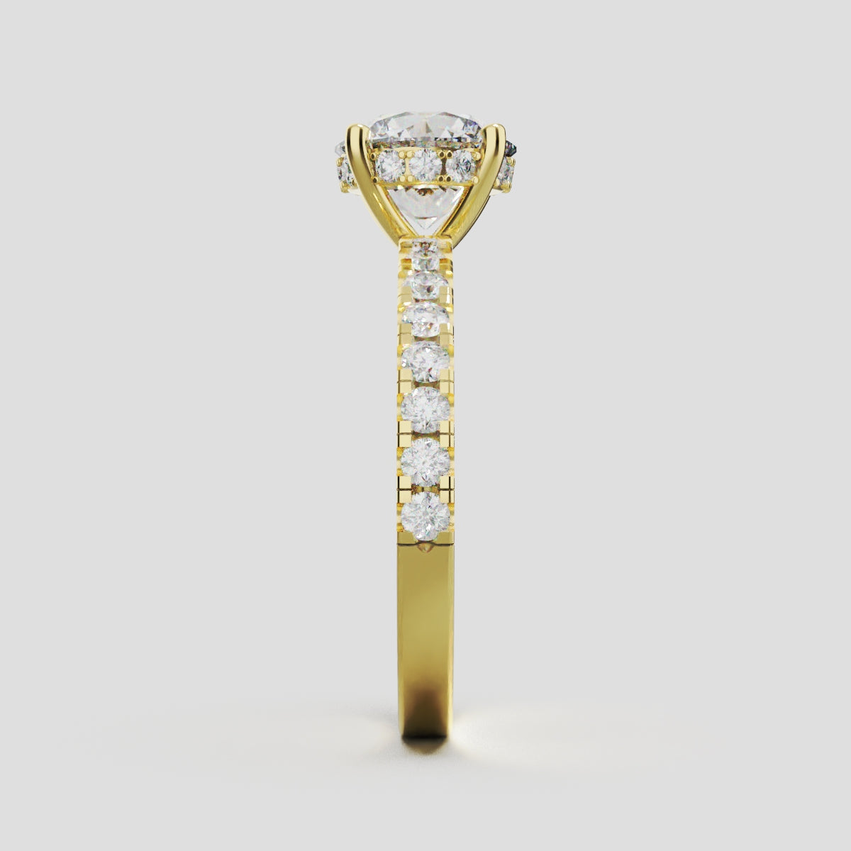 Brina, 1.5ct round lab grown diamond engagement ring, 1.8mm Pave, Hidden Halo, 4 Prongs, 18K yellow gold - side view