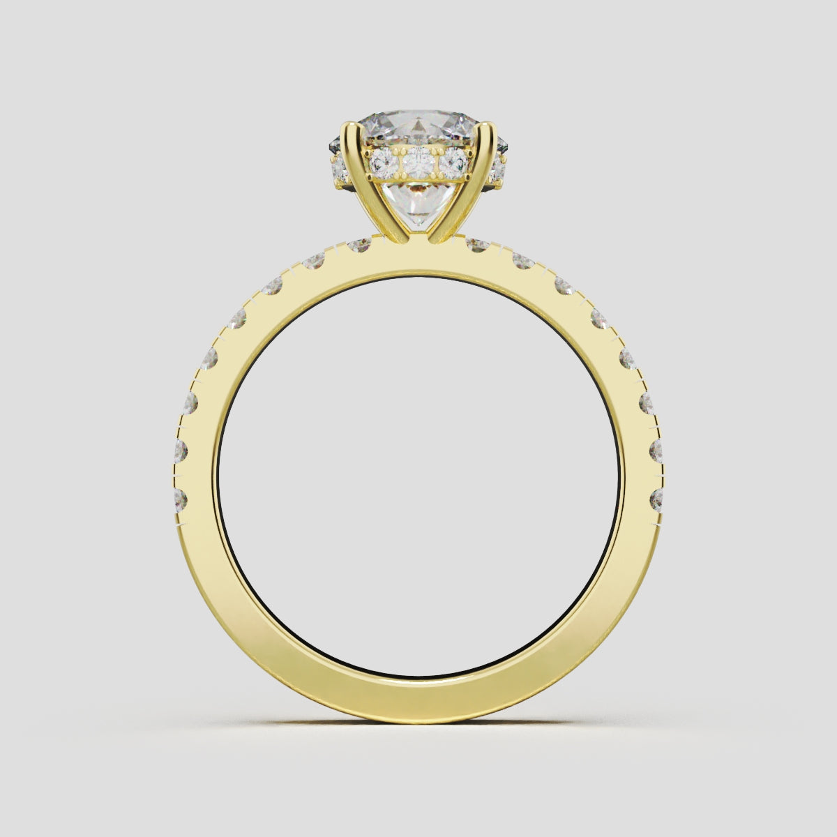 Brina, 1.5ct round lab grown diamond engagement ring, 1.8mm Pave, Hidden Halo, 4 Prongs, 18K yellow gold - through finger