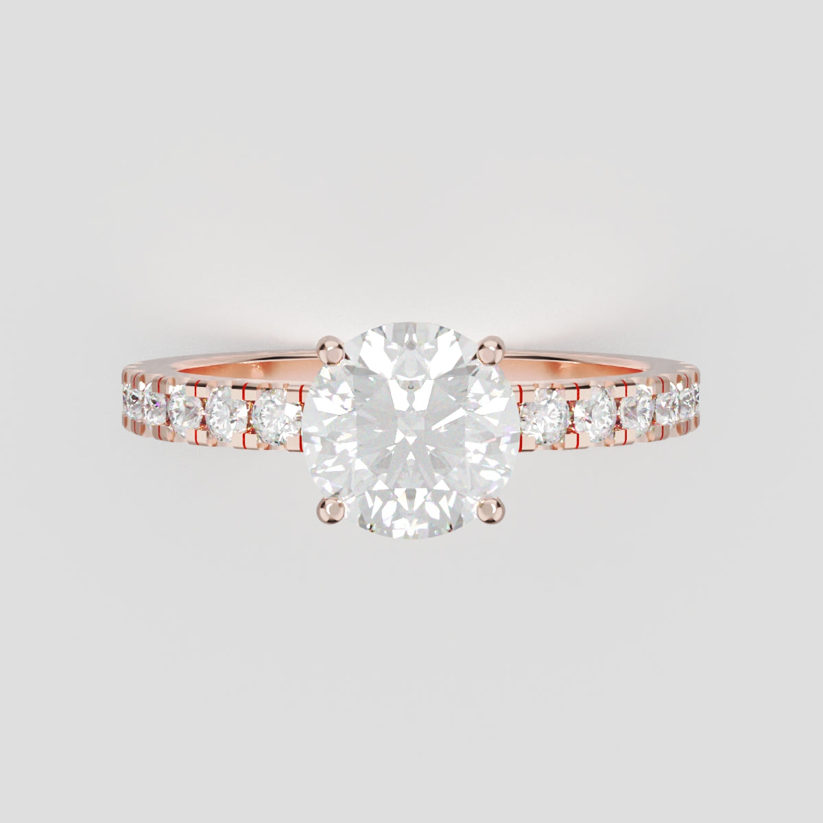Brina, 1ct round lab grown diamond engagement ring, 1.8mm Pave, Hidden Halo, 4 Prongs, 18K rose gold - front view