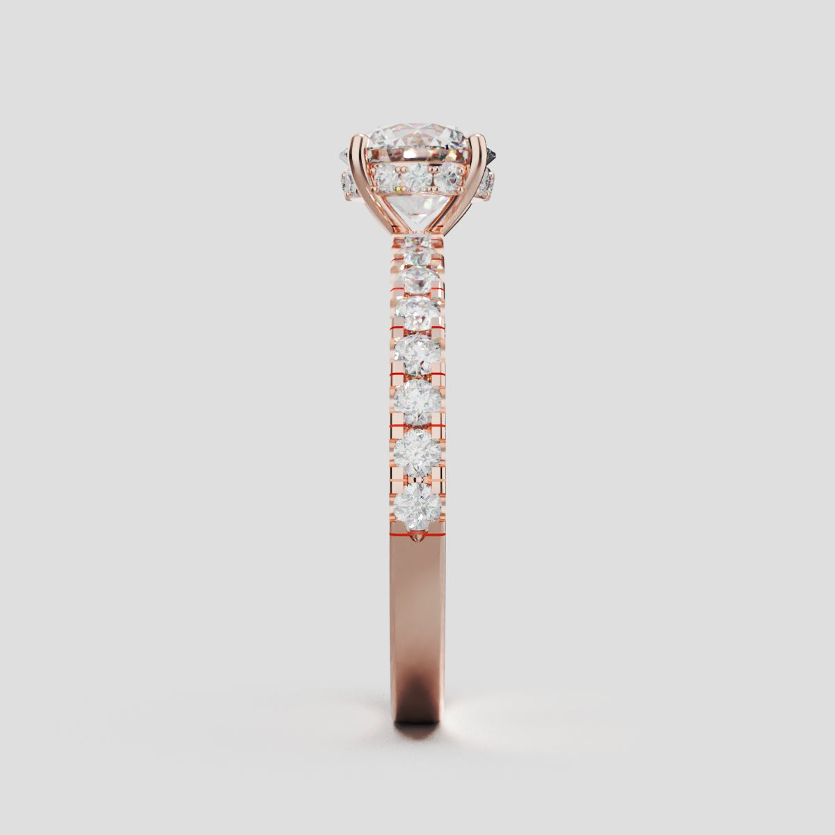 Brina, 1ct round lab grown diamond engagement ring, 1.8mm Pave, Hidden Halo, 4 Prongs, 18K rose gold - side view