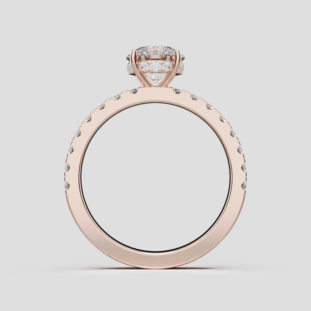 Brina, 1ct round lab grown diamond engagement ring, 1.8mm Pave, Hidden Halo, 4 Prongs, 18K rose gold - through finger