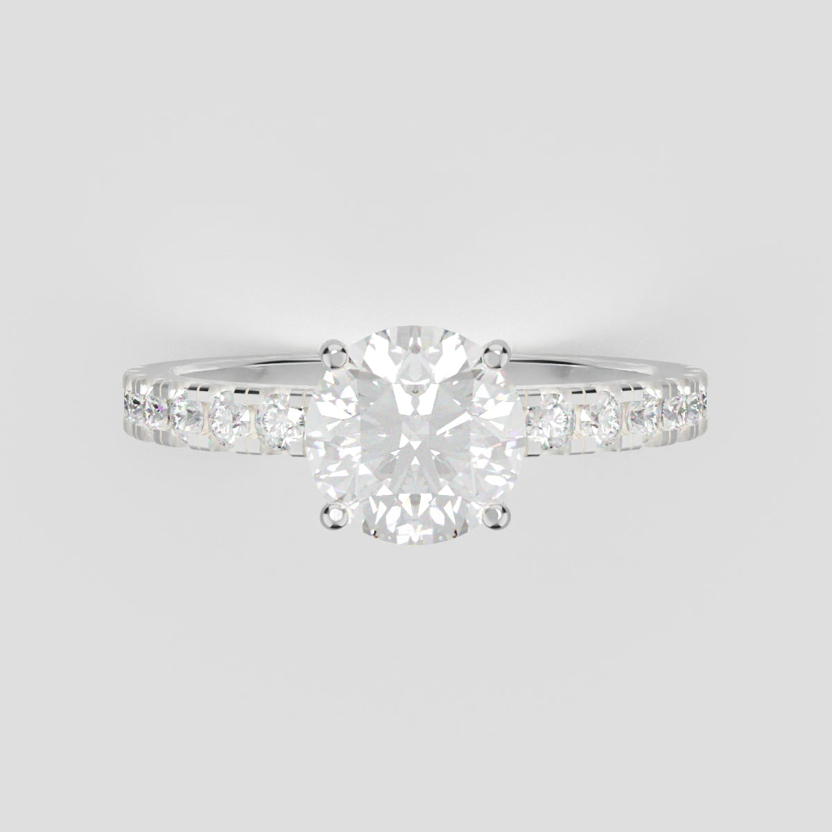 Brina, 1ct round lab grown diamond engagement ring, 1.8mm Pave, Hidden Halo, 4 Prongs, 18K white gold - front view