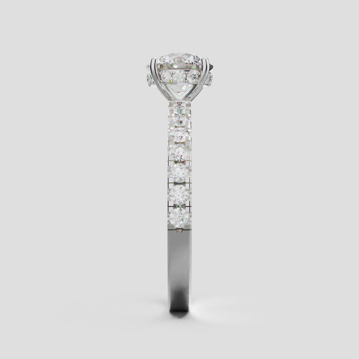 Brina, 1ct round lab grown diamond engagement ring, 1.8mm Pave, Hidden Halo, 4 Prongs, 18K white gold - side view