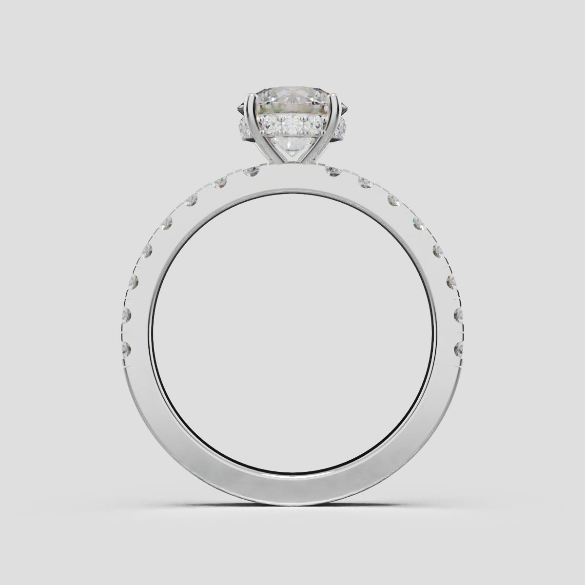 Brina, 1ct round lab grown diamond engagement ring, 1.8mm Pave, Hidden Halo, 4 Prongs, 18K white gold - through finger