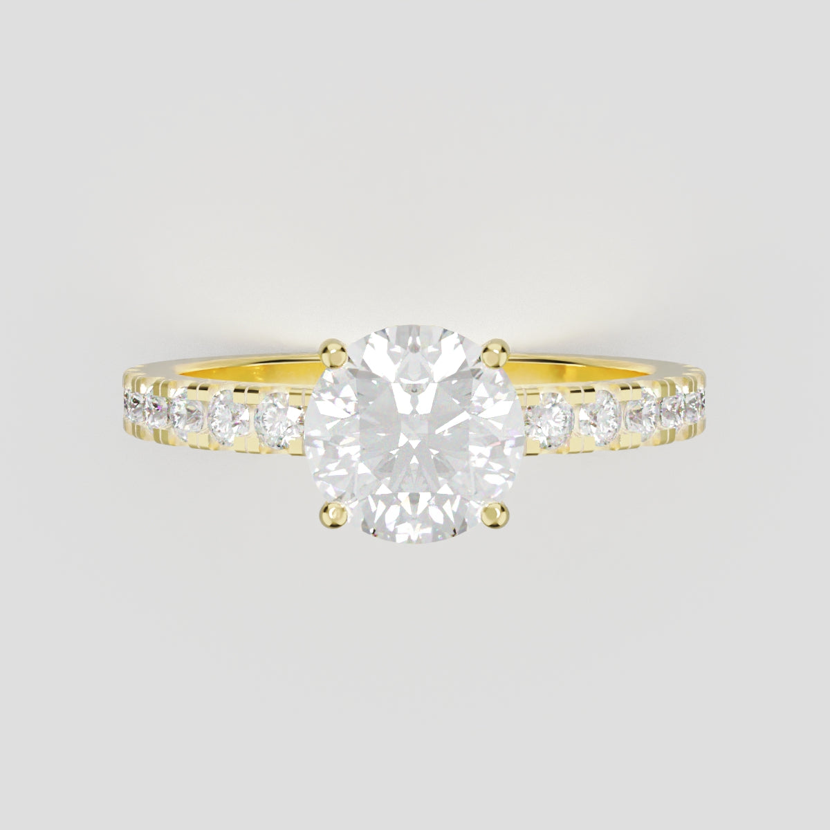 Brina, 1ct round lab grown diamond engagement ring, 1.8mm Pave, Hidden Halo, 4 Prongs, 18K yellow gold - front view