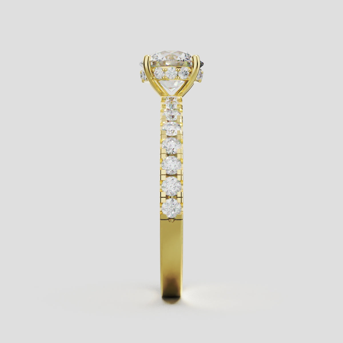 Brina, 1ct round lab grown diamond engagement ring, 1.8mm Pave, Hidden Halo, 4 Prongs, 18K yellow gold - side view