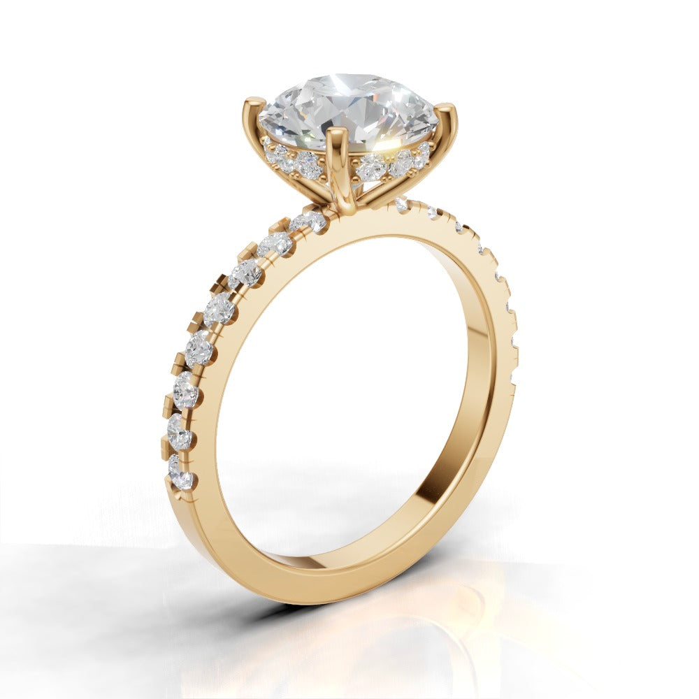 Brina, 2ct round lab grown diamond engagement ring, 1.8mm Pave, Hidden Halo, 4 Prongs, 18K yellow gold - ne
