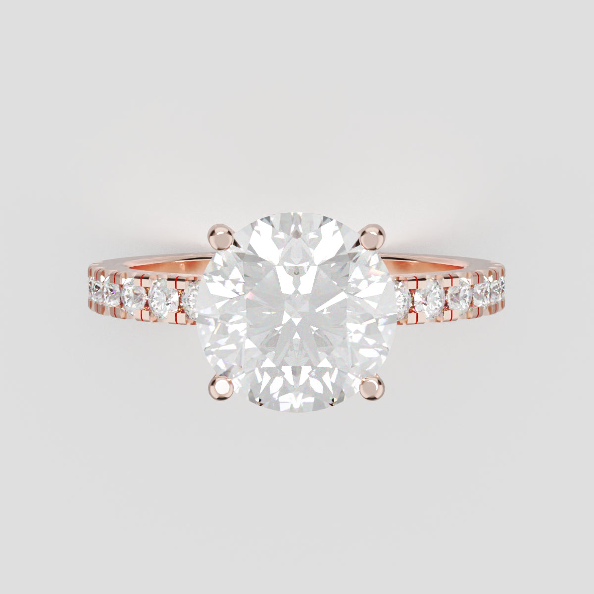 Brina, 2ct round lab grown diamond engagement ring, 1.8mm Pave, Hidden Halo, 4 Prongs, 18K rose gold - front view