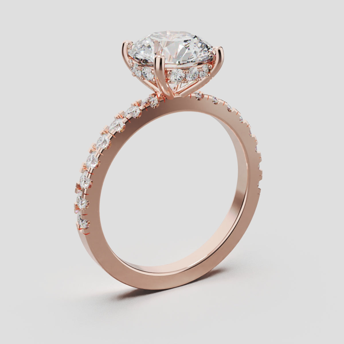 Brina, 2ct round lab grown diamond engagement ring, 1.8mm Pave, Hidden Halo, 4 Prongs, 18K rose gold - ne