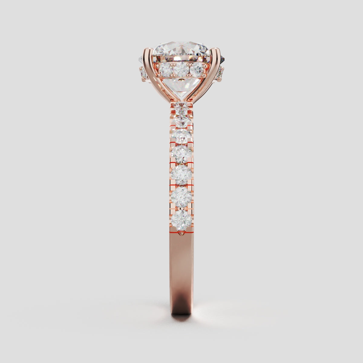 Brina, 2ct round lab grown diamond engagement ring, 1.8mm Pave, Hidden Halo, 4 Prongs, 18K rose gold - side view