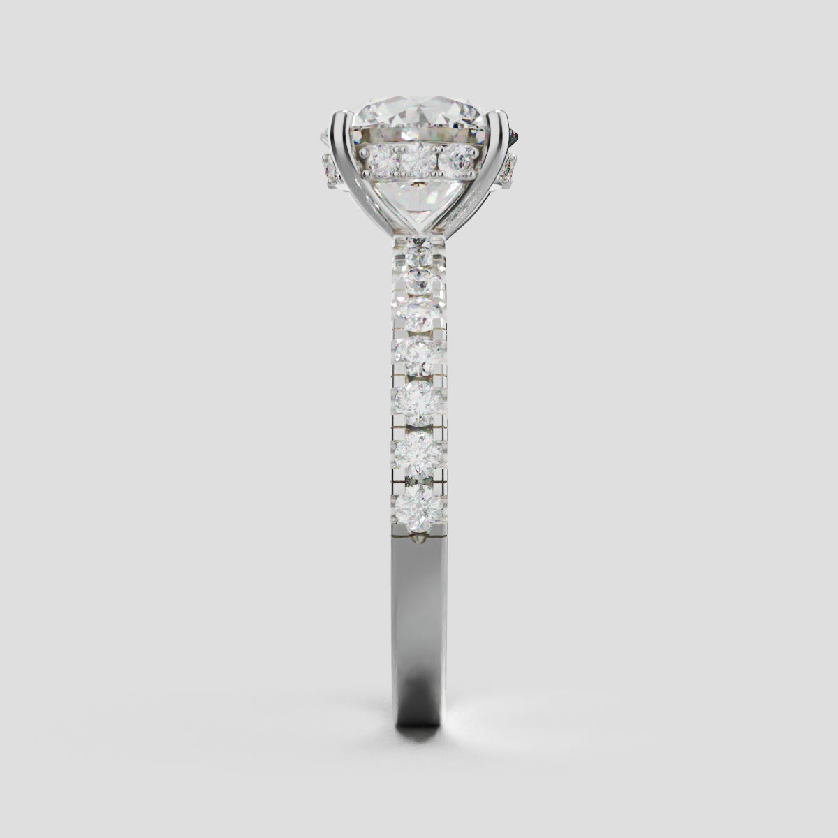 Brina, 2ct round lab grown diamond engagement ring, 1.8mm Pave, Hidden Halo, 4 Prongs, 18K white gold - side view