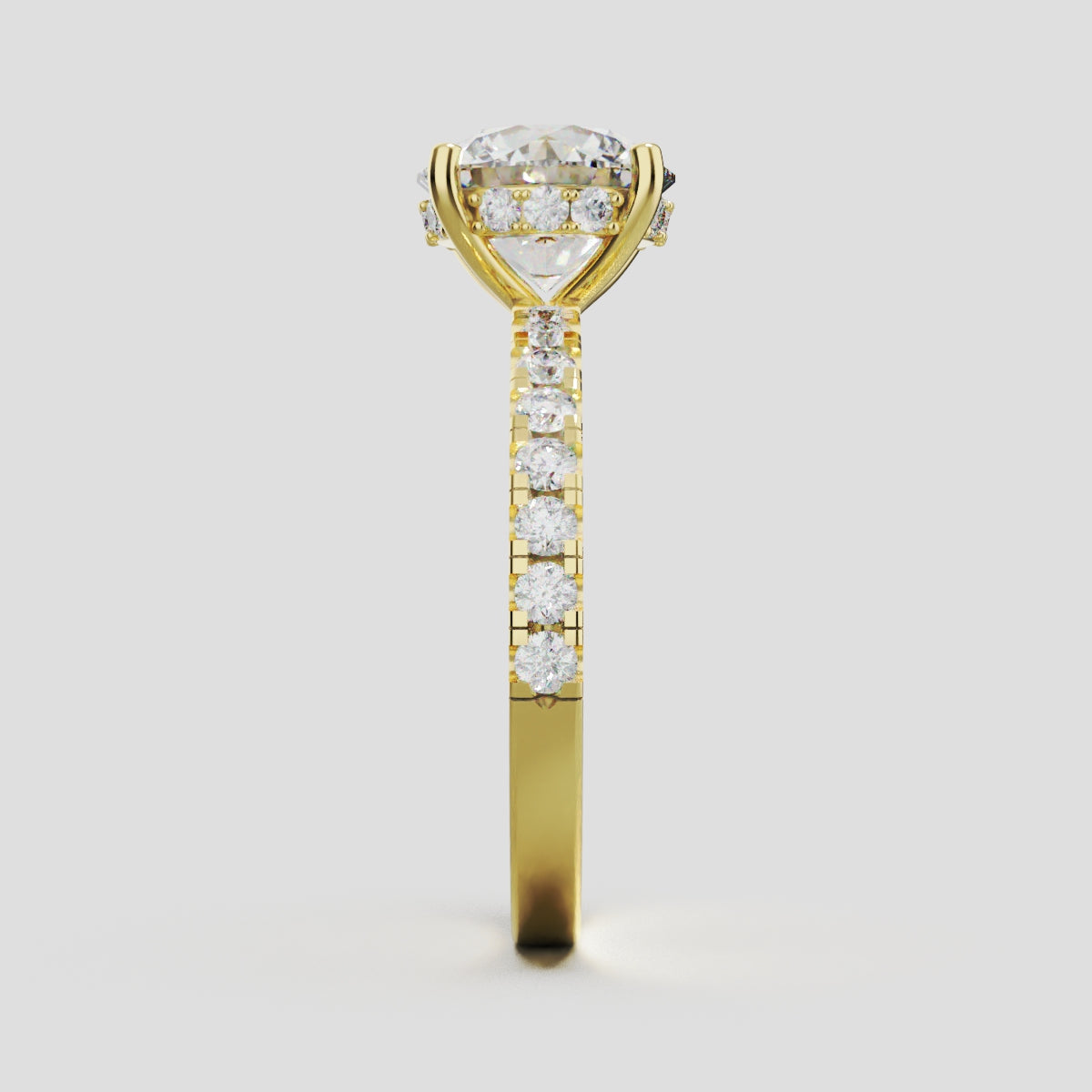 Brina, 2ct round lab grown diamond engagement ring, 1.8mm Pave, Hidden Halo, 4 Prongs, 18K yellow gold - side view