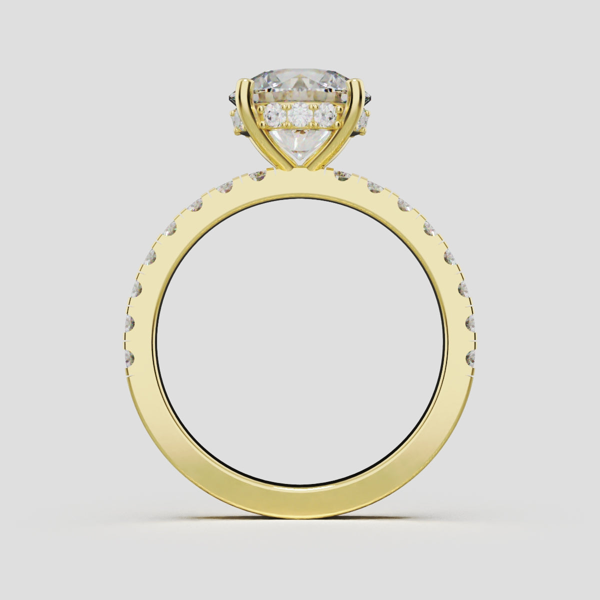 Brina, 2ct round lab grown diamond engagement ring, 1.8mm Pave, Hidden Halo, 4 Prongs, 18K yellow gold - through finger