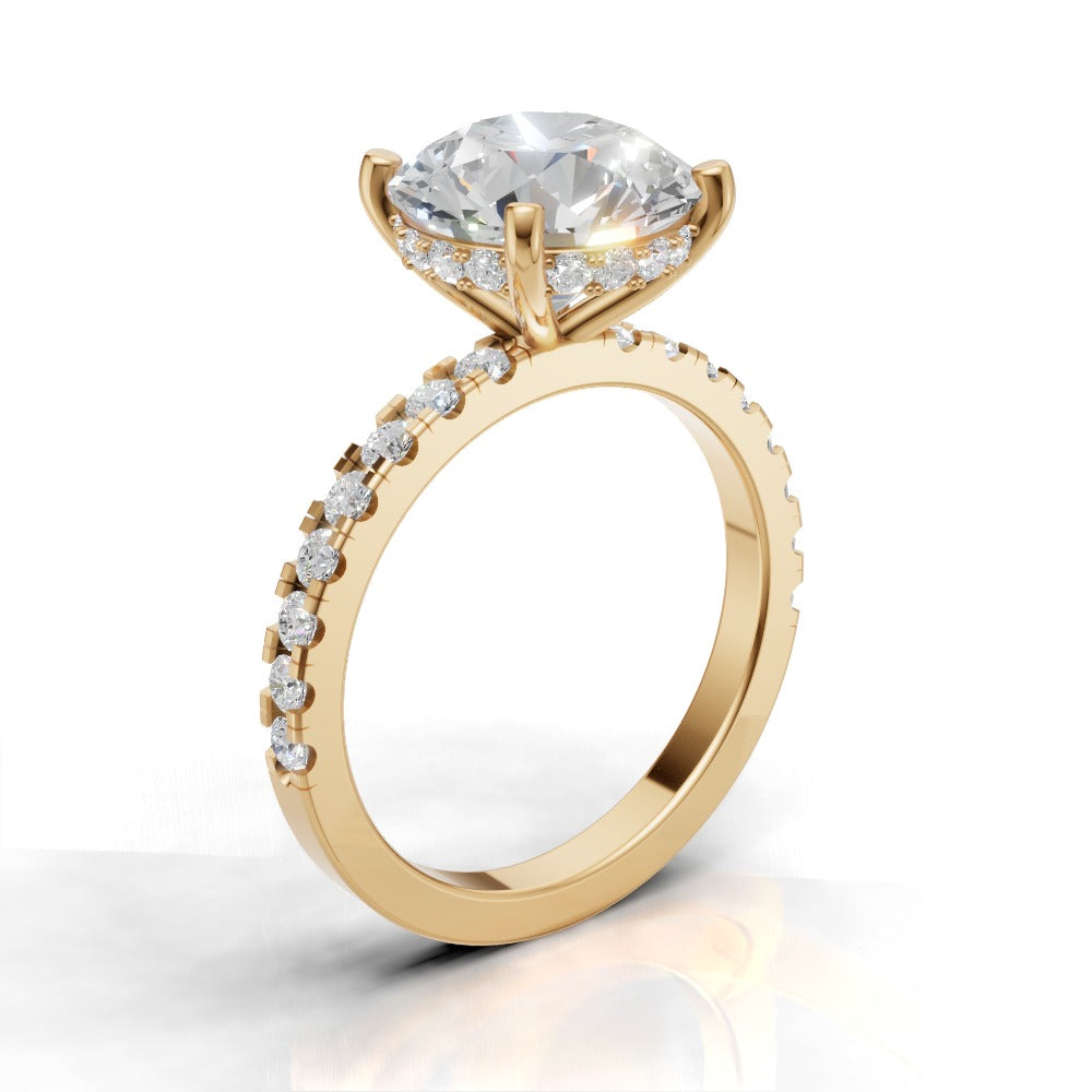 Brina, 3ct round lab grown diamond engagement ring, 1.8mm Pave, Hidden Halo, 4 Prongs, 18K yellow gold - ne