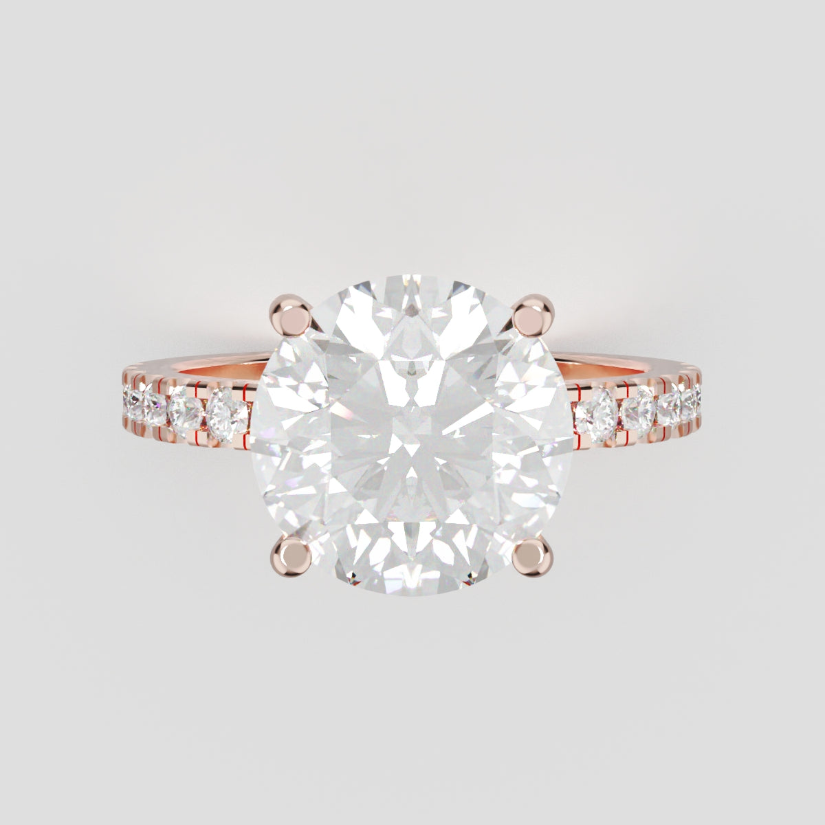 Brina, 3ct round lab grown diamond engagement ring, 1.8mm Pave, Hidden Halo, 4 Prongs, 18K rose gold - front view
