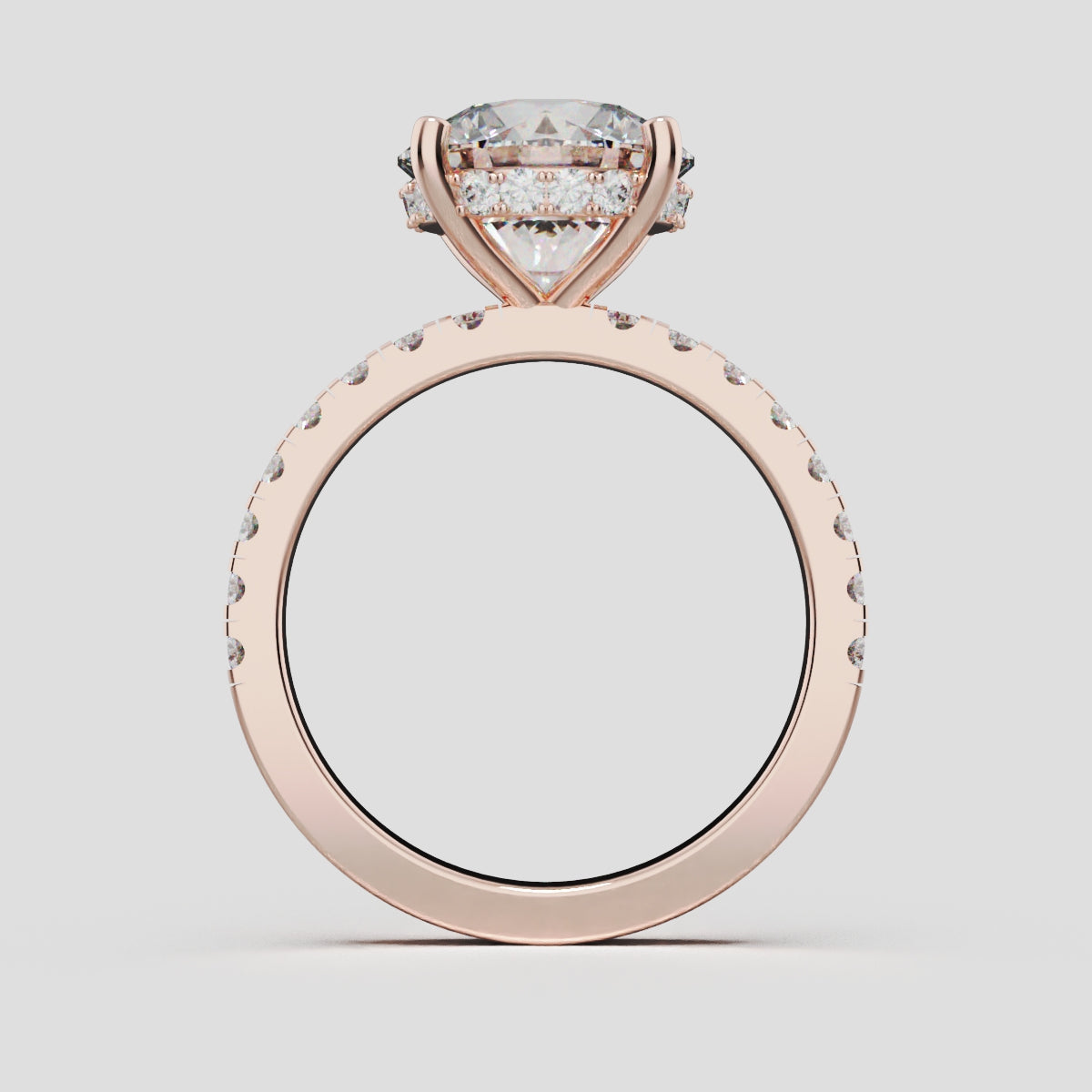 Brina, 3ct round lab grown diamond engagement ring, 1.8mm Pave, Hidden Halo, 4 Prongs, 18K rose gold - through finger