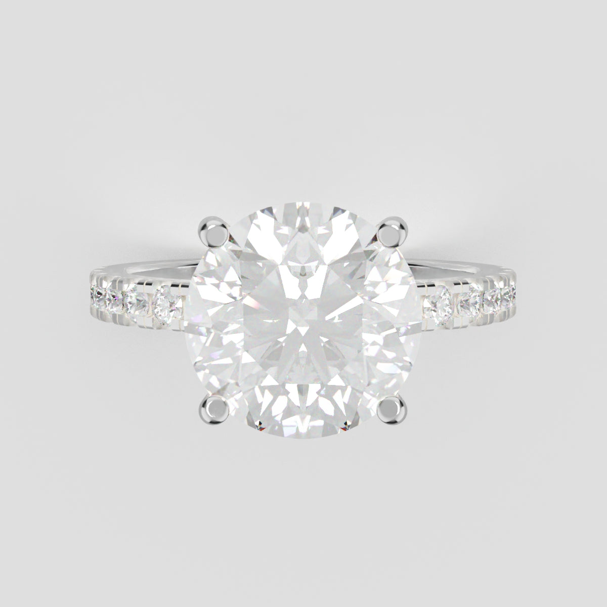 Brina, 3ct round lab grown diamond engagement ring, 1.8mm Pave, Hidden Halo, 4 Prongs, 18K white gold - front view