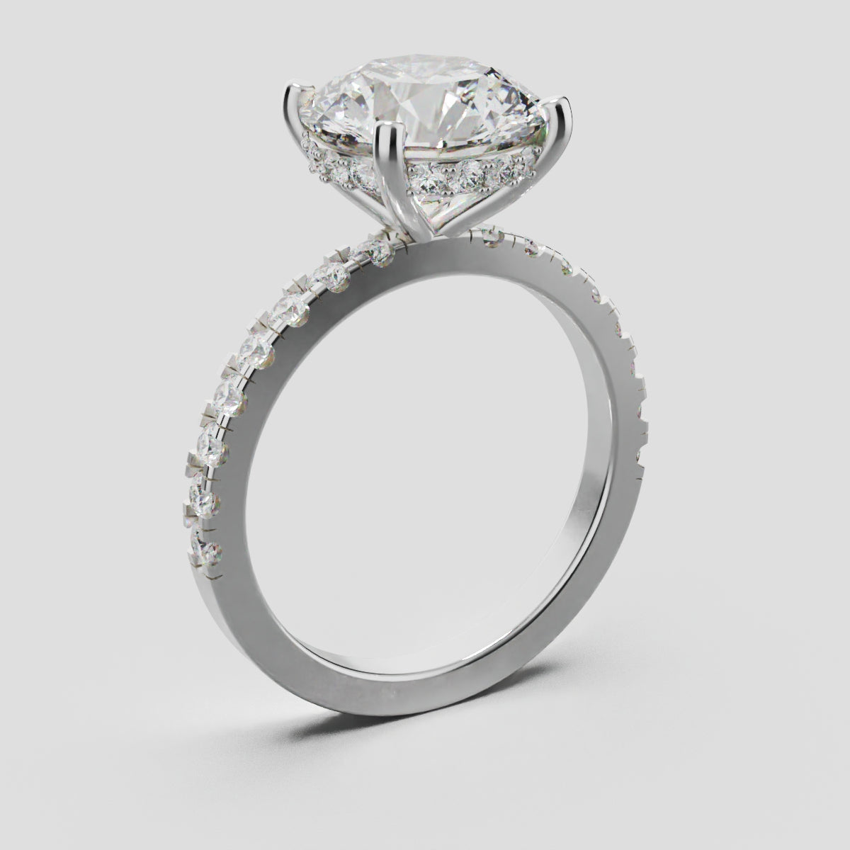 Brina, 3ct round lab grown diamond engagement ring, 1.8mm Pave, Hidden Halo, 4 Prongs, 18K white gold - ne