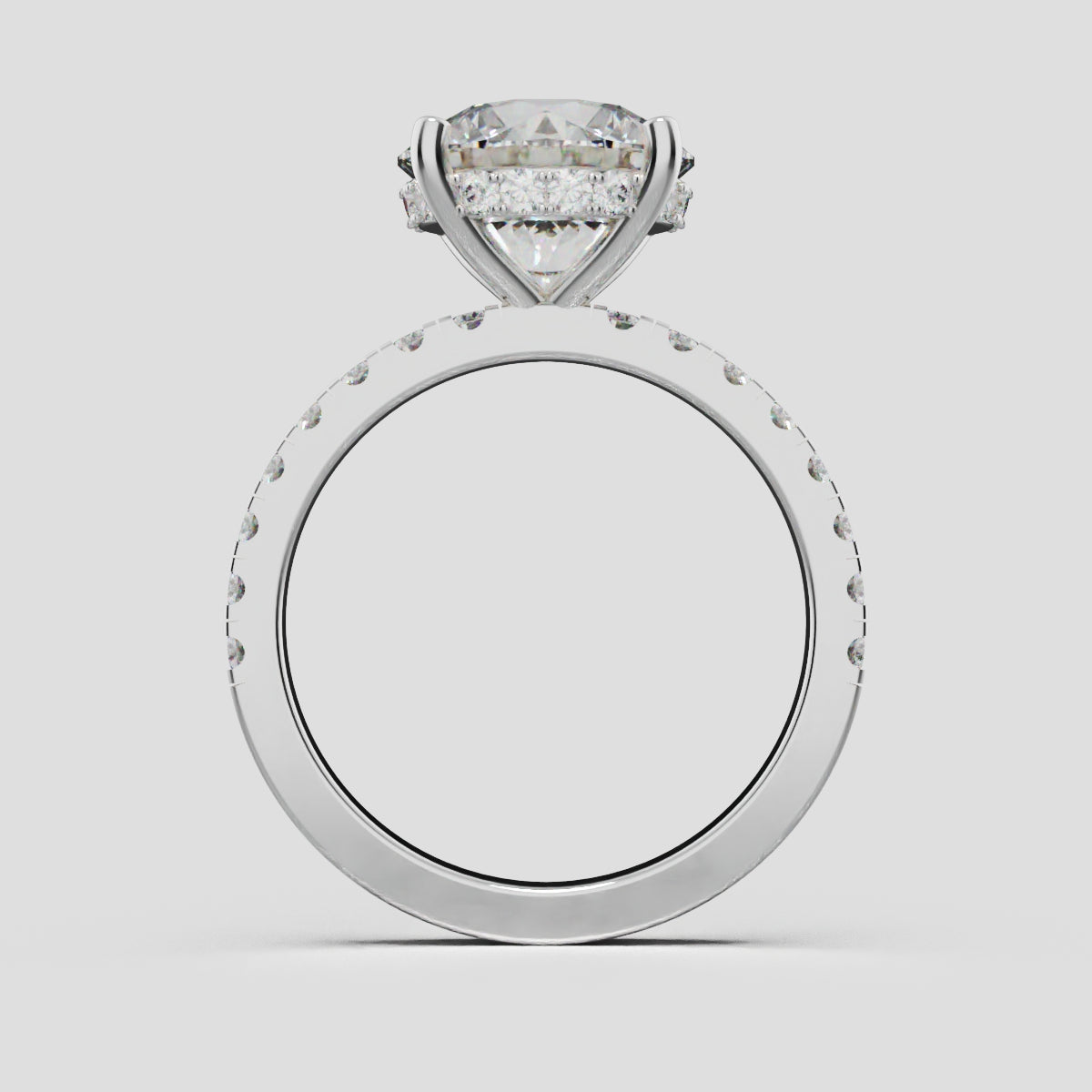 Brina, 3ct round lab grown diamond engagement ring, 1.8mm Pave, Hidden Halo, 4 Prongs, 18K white gold - through finger