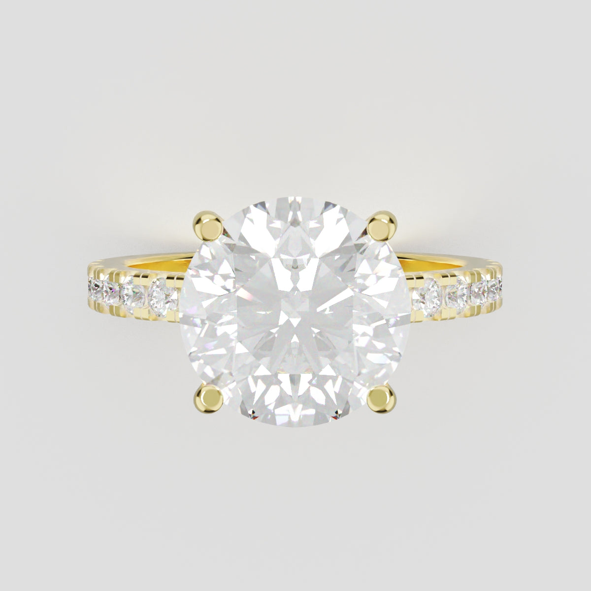 Brina, 3ct round lab grown diamond engagement ring, 1.8mm Pave, Hidden Halo, 4 Prongs, 18K yellow gold - front view