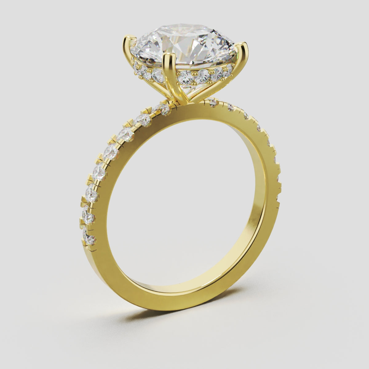Brina, 3ct round lab grown diamond engagement ring, 1.8mm Pave, Hidden Halo, 4 Prongs, 18K yellow gold - ne