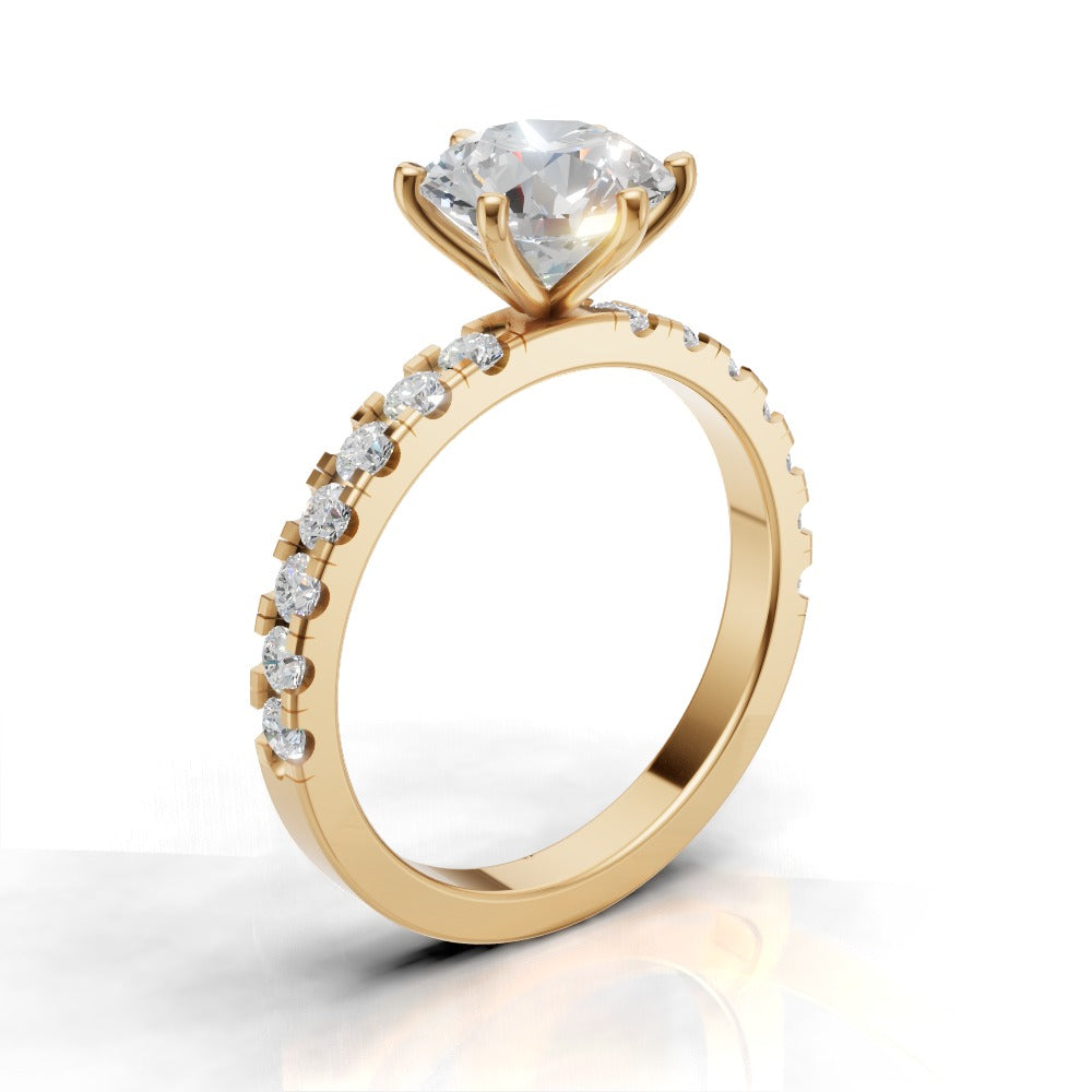 Selciato, 1.5ct round lab grown diamond engagement ring, 2.0mm Pave, 6 Prongs, 18K yellow gold - ne
