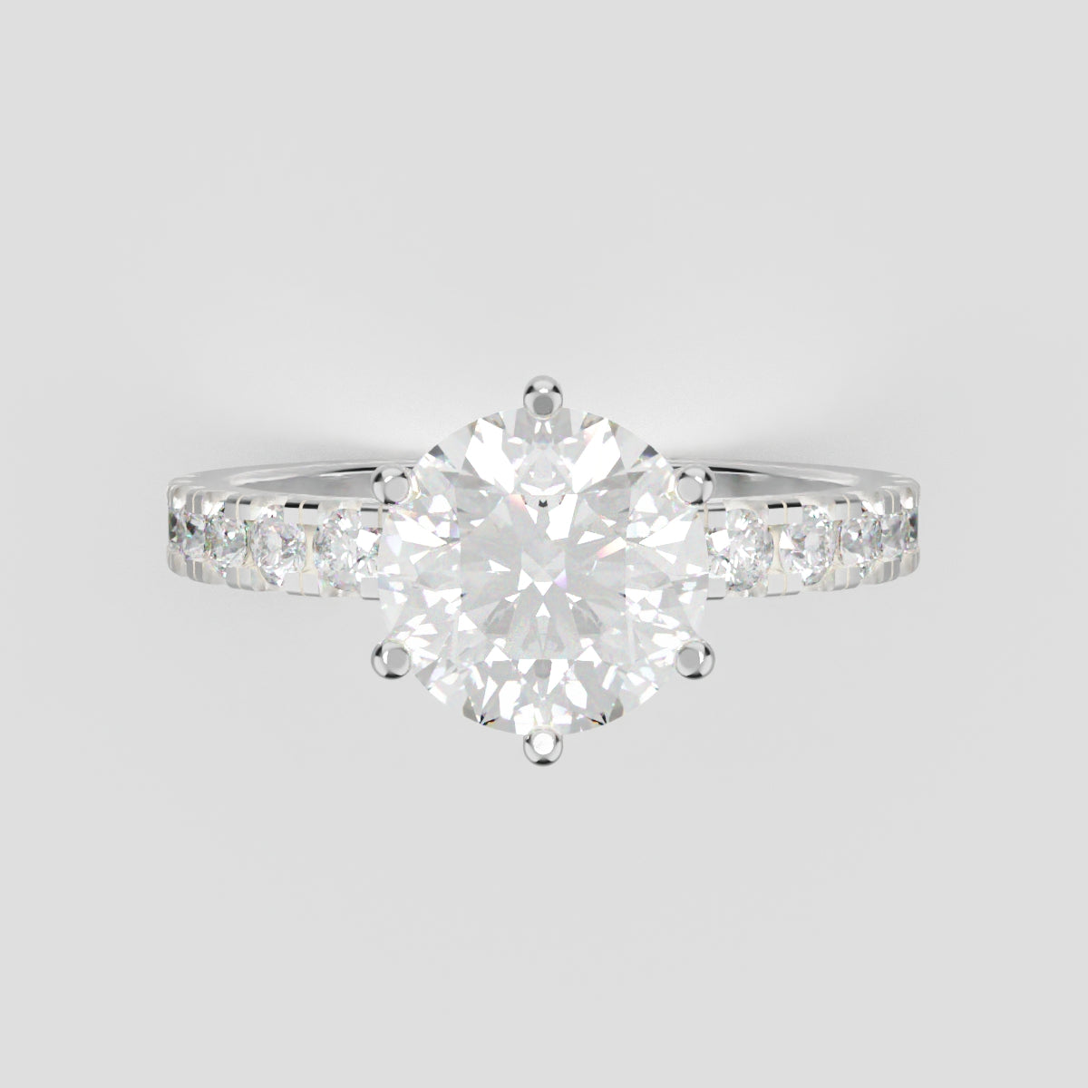 Selciato, 1.5ct round lab grown diamond engagement ring, 2.0mm Pave, 6 Prongs, 18K white gold - front view