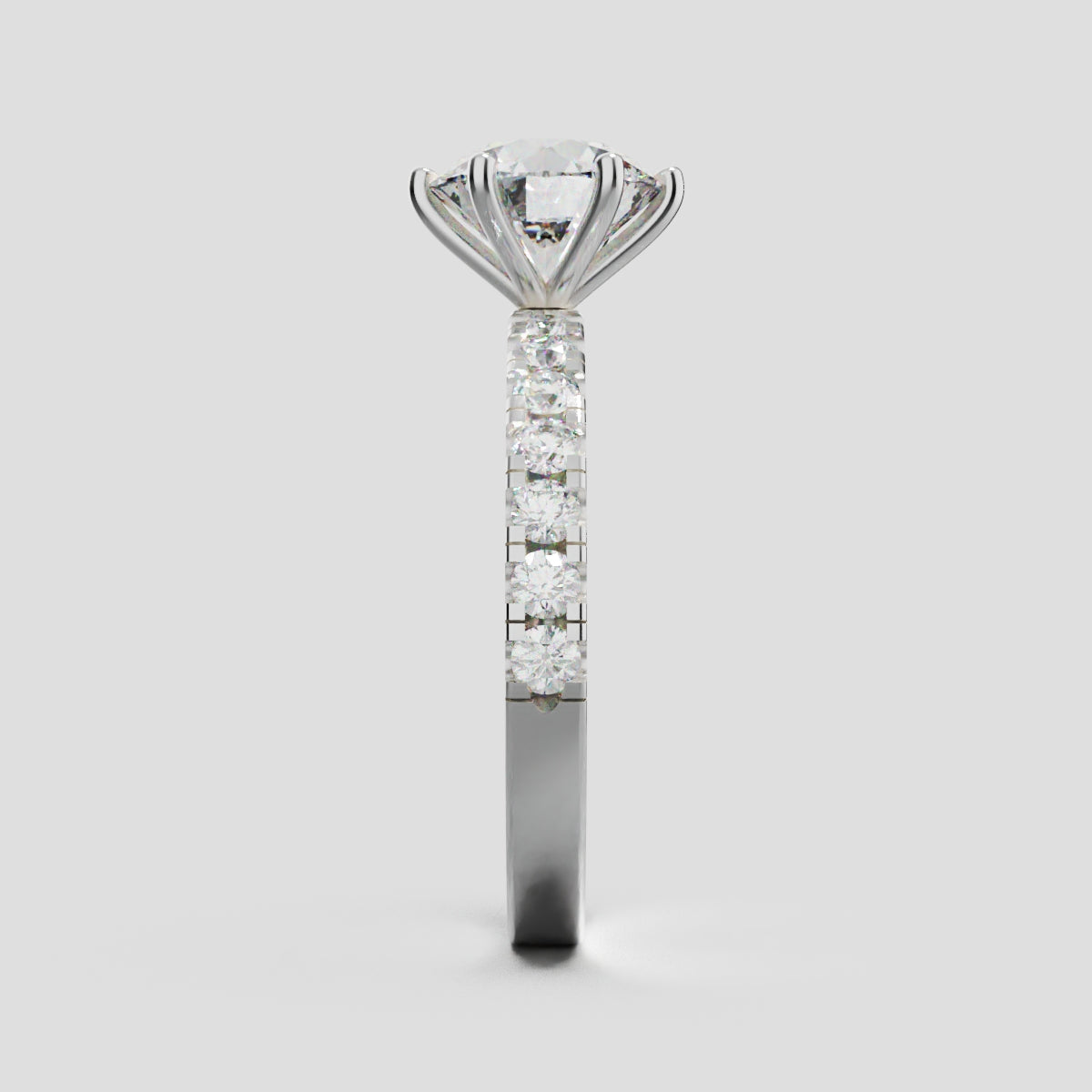 Selciato, 1.5ct round lab grown diamond engagement ring, 2.0mm Pave, 6 Prongs, 18K white gold - side view