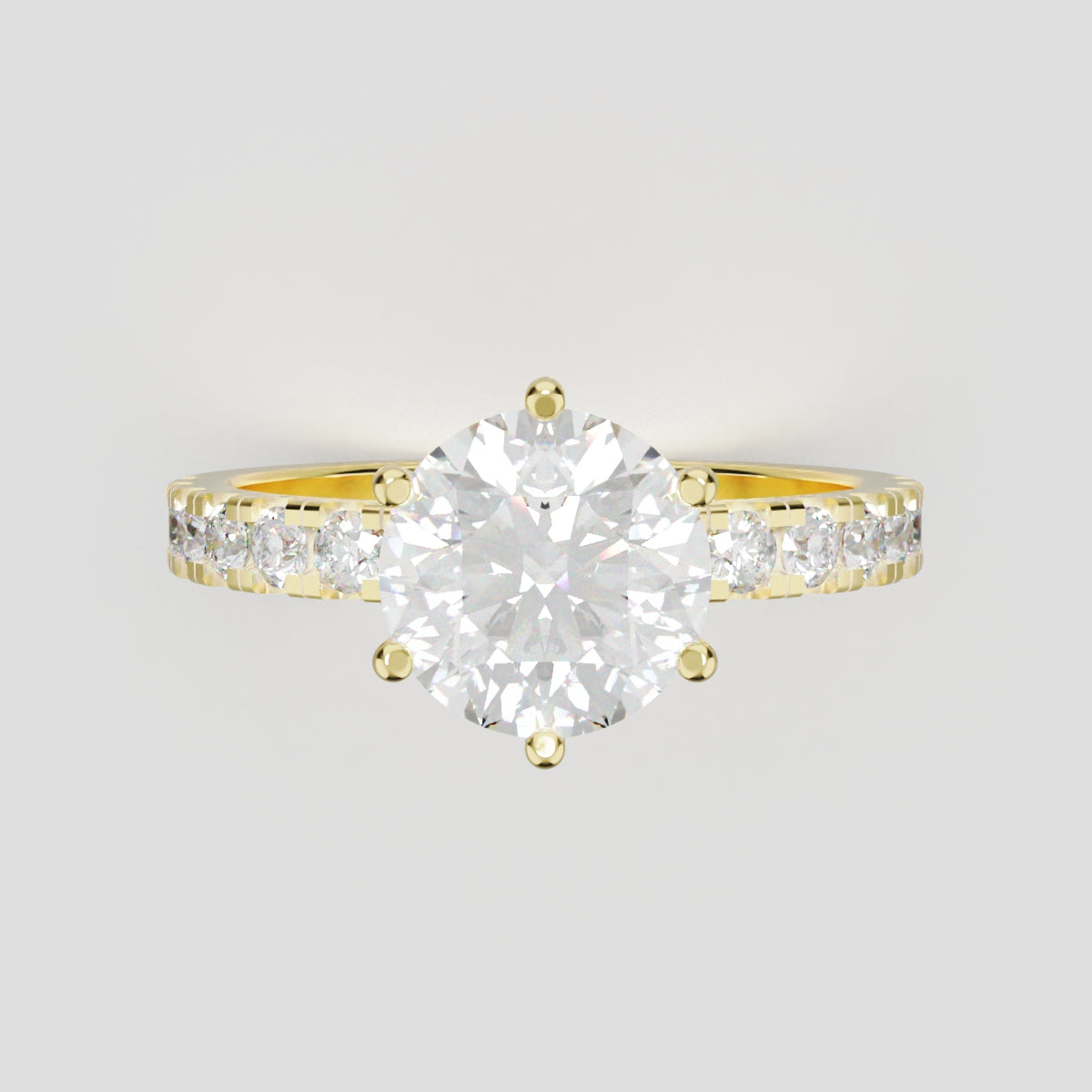 Selciato, 1.5ct round lab grown diamond engagement ring, 2.0mm Pave, 6 Prongs, 18K yellow gold - front view