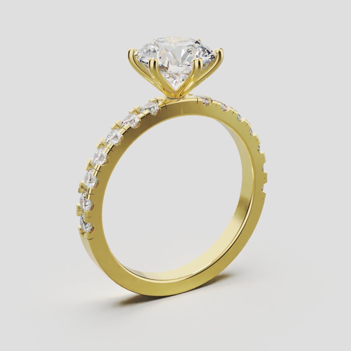 Selciato, 1.5ct round lab grown diamond engagement ring, 2.0mm Pave, 6 Prongs, 18K yellow gold - ne